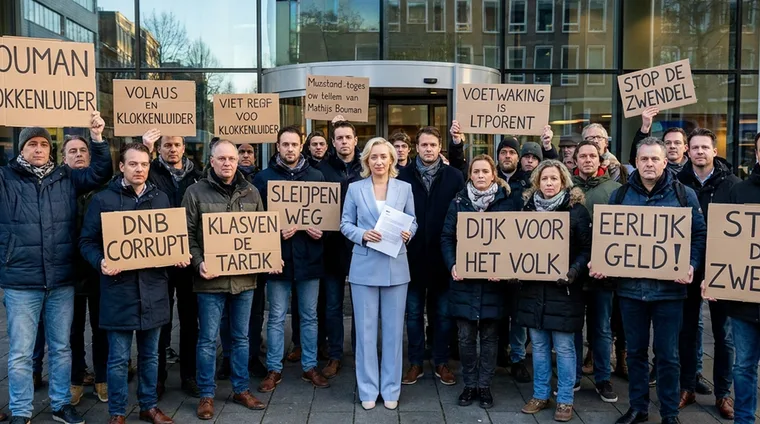 Menigte voor De Hallen, borden, Eva Jinek in de eerste rij met een blad papier